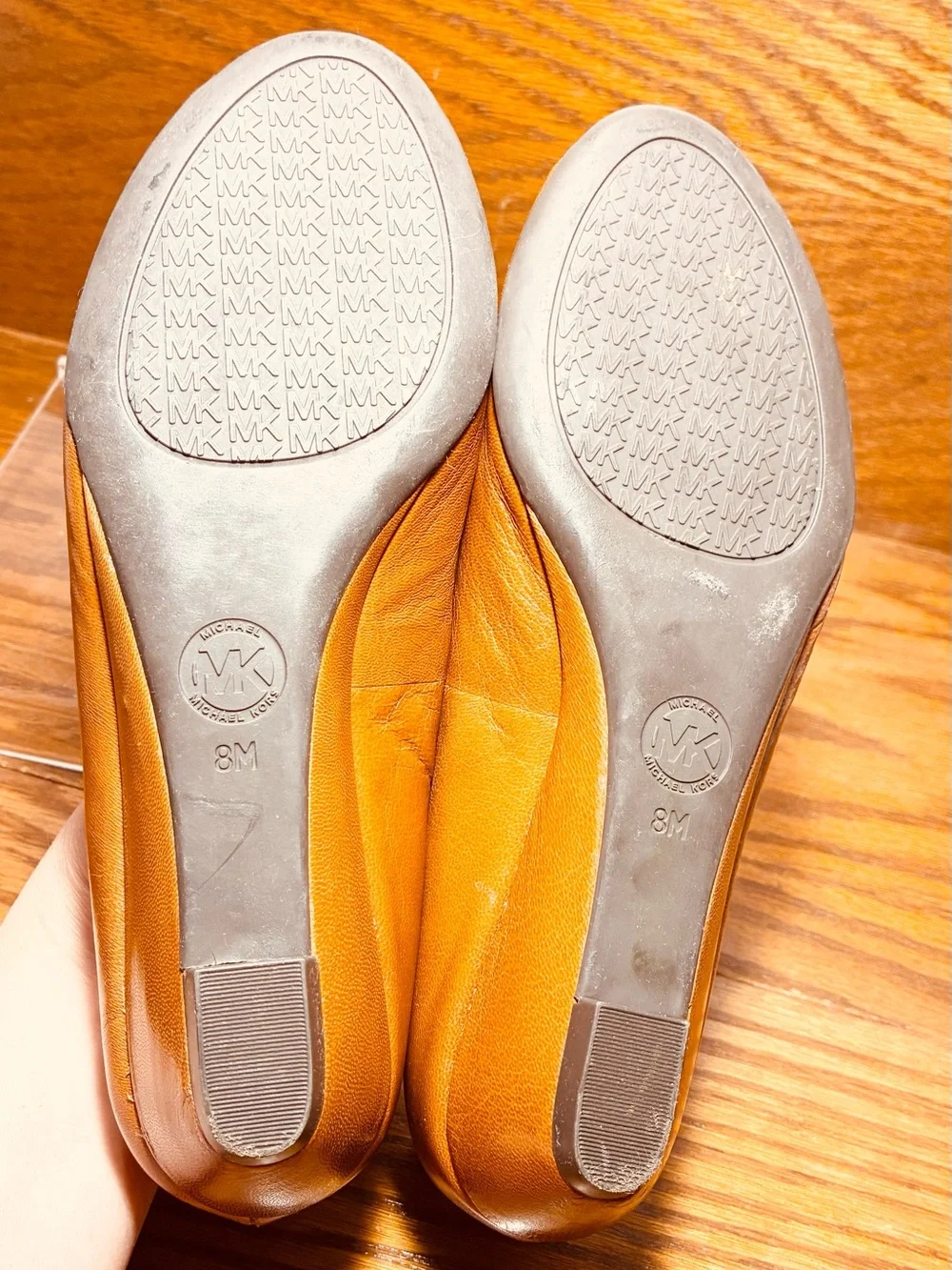Michael Kors Peep Toe Wedge Pumps Cognac Brown Leather Size 8